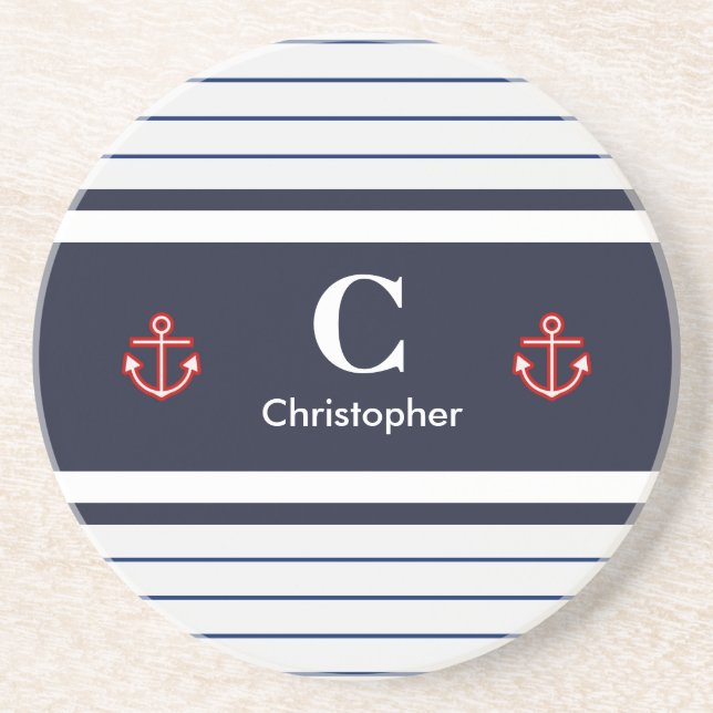 Nautical Marine Navy Blue White Stripes Coaster (Front)