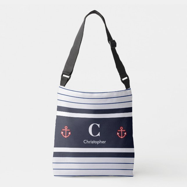 Nautical Marine Navy Blue White Stripes Crossbody Bag (Front)