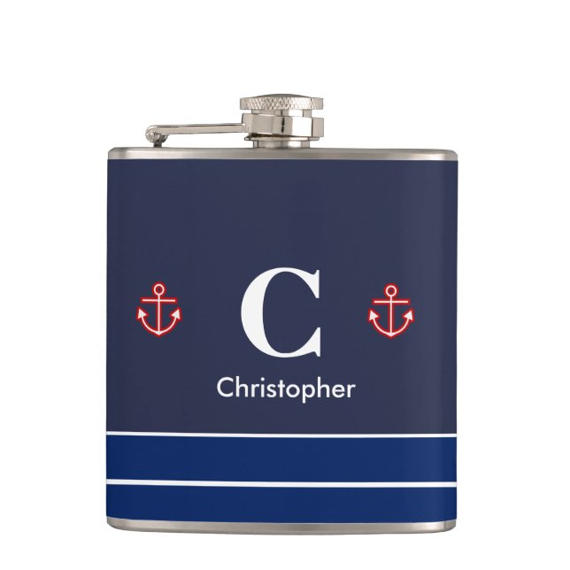 Nautical Marine Navy Blue White Stripes Hip Flask (Front)