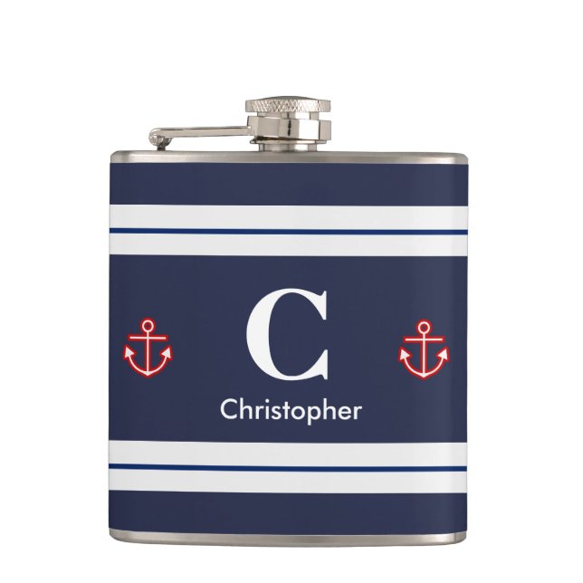 Nautical Marine Navy Blue White Stripes Hip Flask (Front)