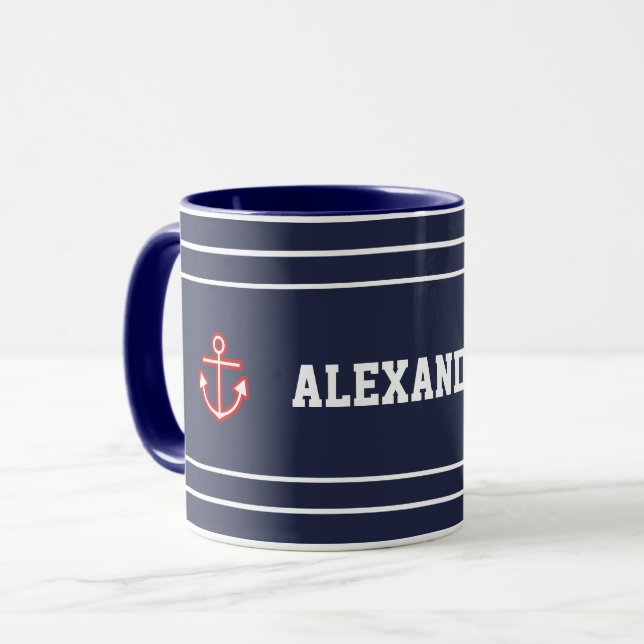 Nautical Marine Navy Blue White Stripes Mug (Front Left)