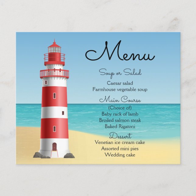 Nautical Menu Lighthouse Beach Wedding Ocean Blue (Front)