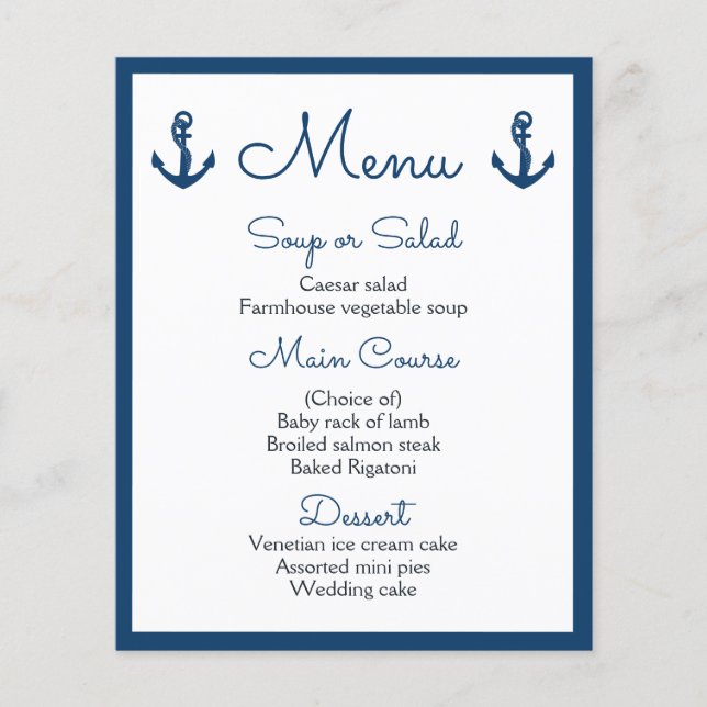 Nautical Menu Navy Blue Wedding Ocean Beach Sailor (Front)