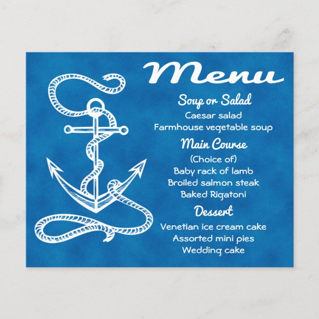 Nautical Menu Ship Anchor Blue Watercolor Wedding (Front)