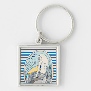 Nautical Mermaid Blue and White Stripe Key Ring