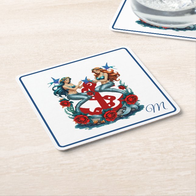 Nautical Mermaid Floral Red Blue  Square Paper Coaster (Angled)