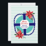 Nautical Merry Christmas from our New Home Announcement<br><div class="desc">This holiday new address card has a nautical design with a turquoise and navy life preserver decked out in red poinsettias. White and aqua stripes add a beachy, coastal feel, indicating to recipients that you've moved south or to the coast. The sample text on front of the card says: "Merry...</div>