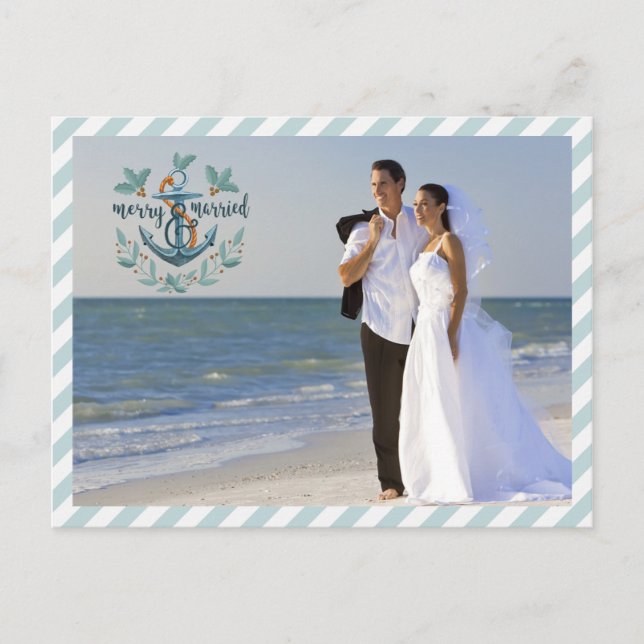 Nautical Merry & Married, Teal Stripes, Two Photos Holiday Postcard (Front)