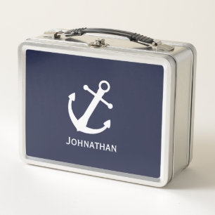 Nautical Midnight Blue and White Anchor Name Metal Lunch Box