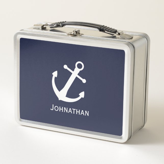 Nautical Midnight Blue and White Anchor Name Metal Lunch Box (Front)