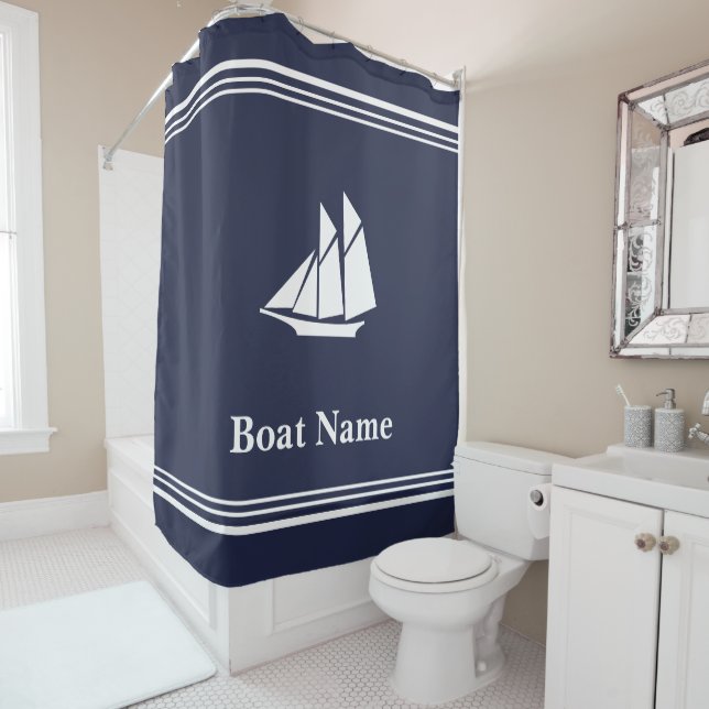 Nautical Midnight Blue and White Sailboat Add Text Shower Curtain (In Situ)