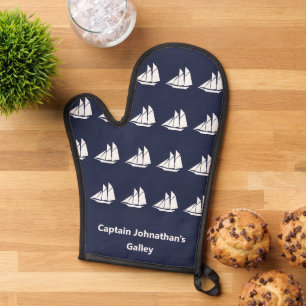 Nautical Midnight Blue and White Sailboats Name Oven Mitt