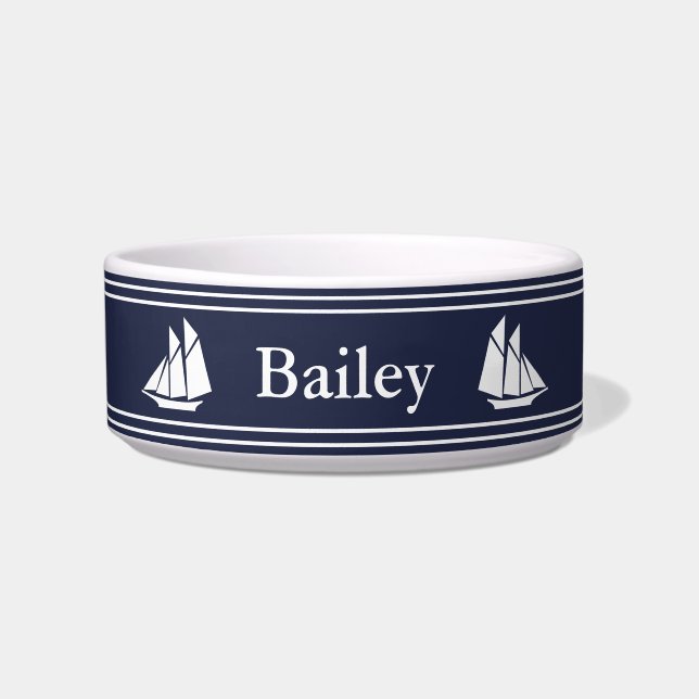 Nautical Midnight Blue and White Sailboats Pet Bowl (Front)