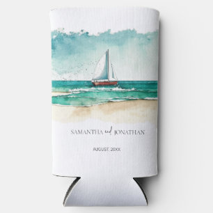 Nautical  minimalist watercolor boat cruise weddin seltzer can cooler