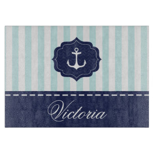 Nautical Mint Navy Blue Anchor Custom Name Cutting Board