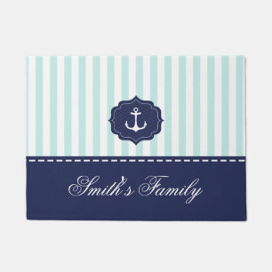 Nautical Mint Navy Blue Anchor Custom Name Doormat