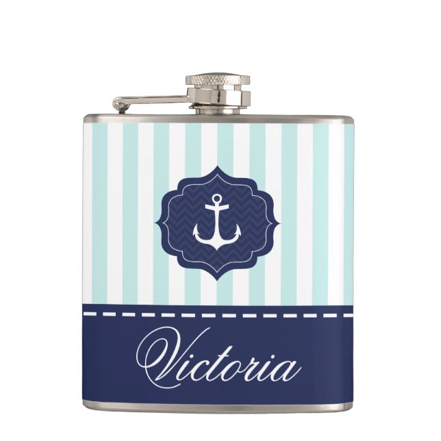 Nautical Mint Navy Blue Anchor Custom Name Hip Flask (Front)