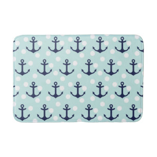 Nautical Mint Polka Dots And Navy Blue Anchors Bath Mat