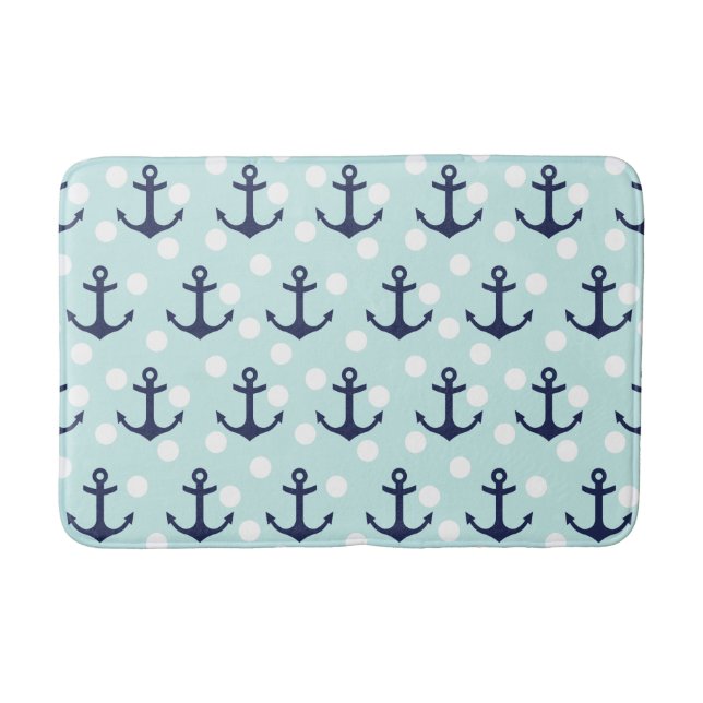 Nautical Mint Polka Dots And Navy Blue Anchors Bath Mat (Front)