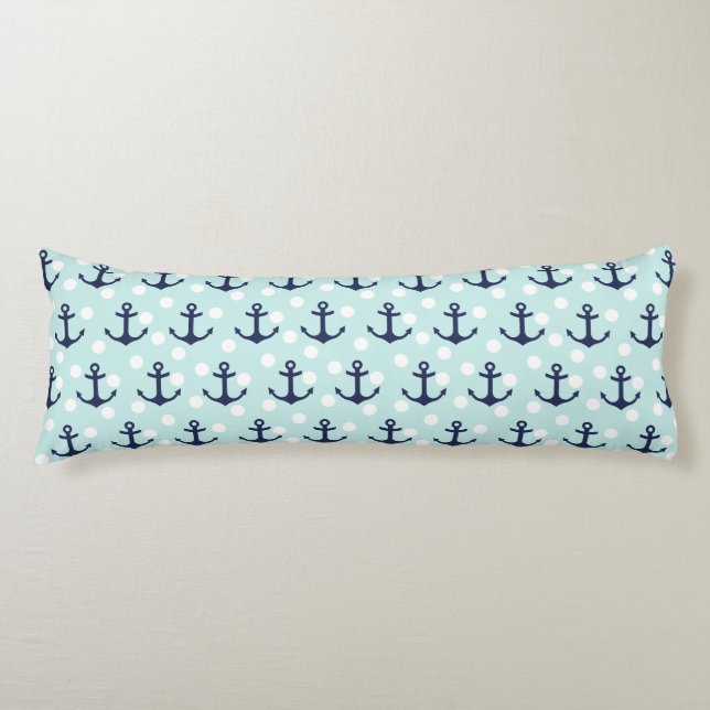 Nautical Mint Polka Dots And Navy Blue Anchors Body Cushion (Front)