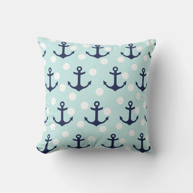 Nautical Mint Polka Dots And Navy Blue Anchors Cushion (Front)