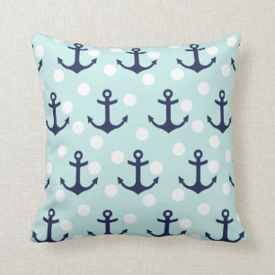 Nautical Mint Polka Dots And Navy Blue Anchors Cushion
