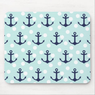 Nautical Mint Polka Dots And Navy Blue Anchors Mouse Pad
