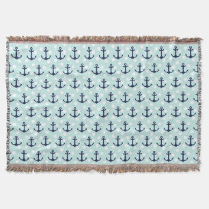 Nautical Mint Polka Dots And Navy Blue Anchors Throw Blanket