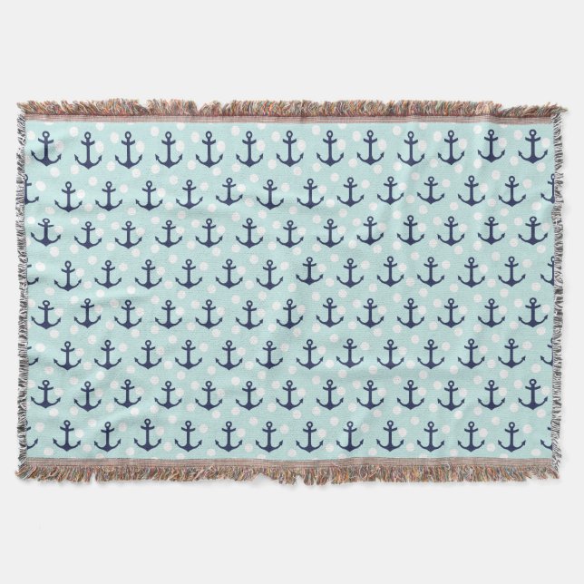 Nautical Mint Polka Dots And Navy Blue Anchors Throw Blanket (Front)