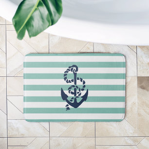 Nautical Mint Stripe & Navy Anchor Bath Mat