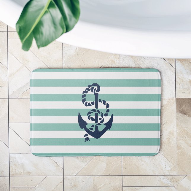 Nautical Mint Stripe & Navy Anchor Bath Mat (Creator Uploaded)