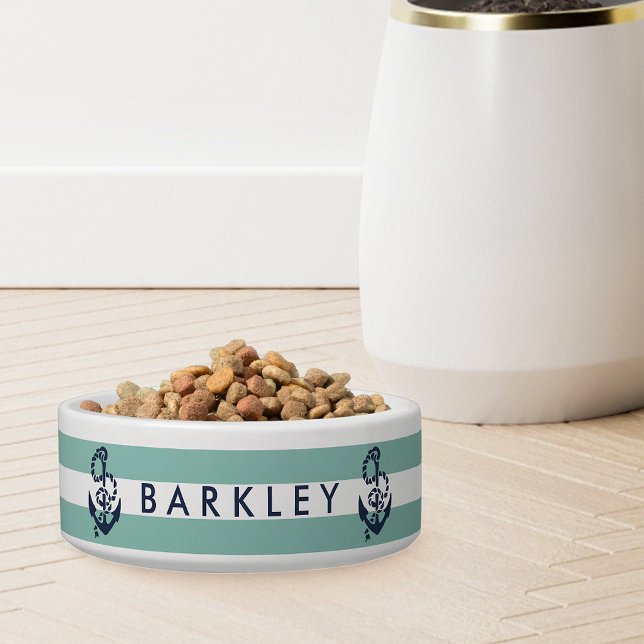 Nautical Mint Stripe & Navy Anchor Personalised Bowl (Creator Uploaded)
