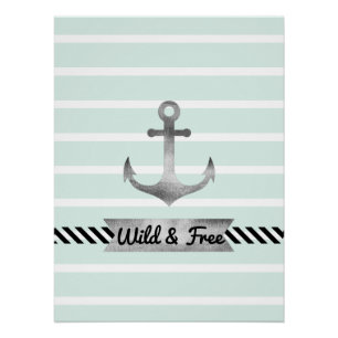 Nautical Mint Stripes Watercolor Anchor Custom Poster
