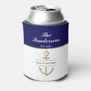 Nautical Modern Bold Blue Anchor Boat Name Can Cooler