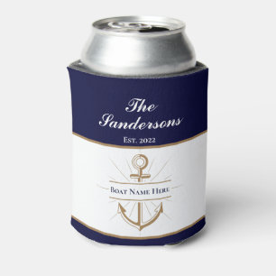 Nautical Modern Navy Blue Anchor Boat Name Can Cooler