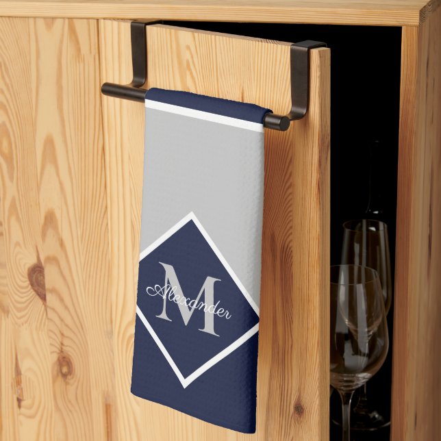 Nautical Modern Navy Blue Grey Monogram   Kitchen  Tea Towel (Thirds Fold)