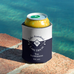 Nautical Modern Navy Blue Grey Monogram Lake House Can Cooler