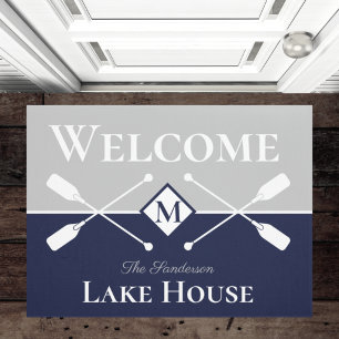 Nautical Modern Navy Blue Grey Monogram Lake House Doormat