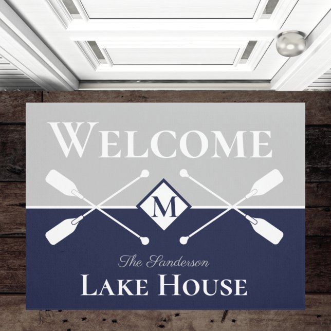 Nautical Modern Navy Blue Grey Monogram Lake House Doormat (Creator Uploaded)