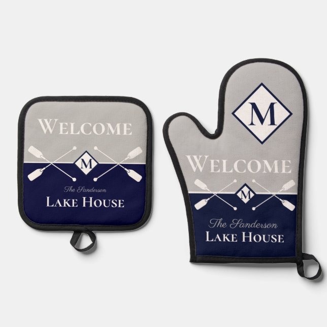Nautical Modern Navy Blue Grey Monogram Lake House Oven Mitt & Pot Holder Set (Front)
