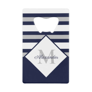 Nautical Modern Navy Blue Grey Stripes Monogram  