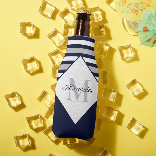 Nautical Modern Navy Blue Grey Stripes Monogram  Bottle Cooler (In Situ Summer)