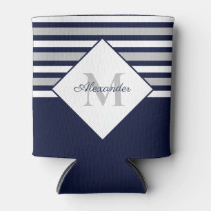 Nautical Modern Navy Blue Grey Stripes Monogram  Can Cooler