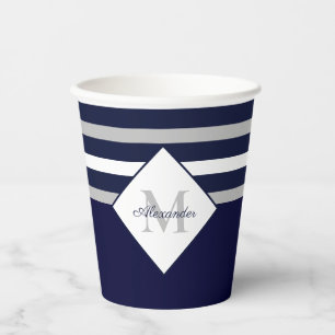 Nautical Modern Navy Blue Grey Stripes Monogram  P Paper Cups