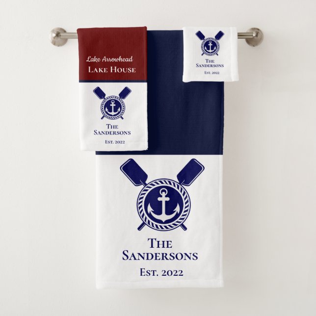 Nautical Modern Navy Blue Monogram Lake House Bath Towel Set (Insitu)