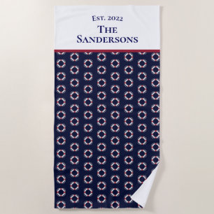 Nautical Modern Navy Blue Monogram Life Preserver Beach Towel