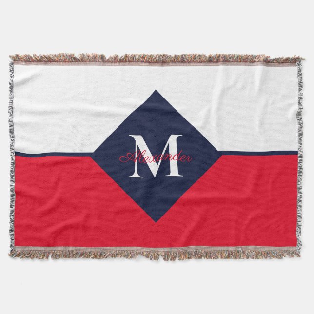 Nautical Modern Navy Blue Red Monogram  Doormat Throw Blanket (Front)