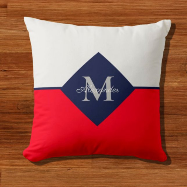 Nautical Modern Navy Blue Red Monogram Throw Pillo Cushion (Creator Uploaded)