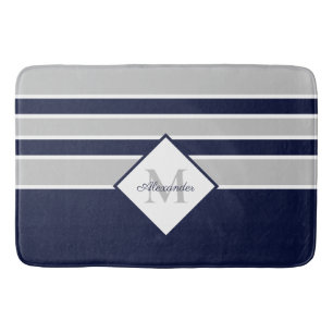 Nautical Modern Navy Grey Monogram Bath Mat