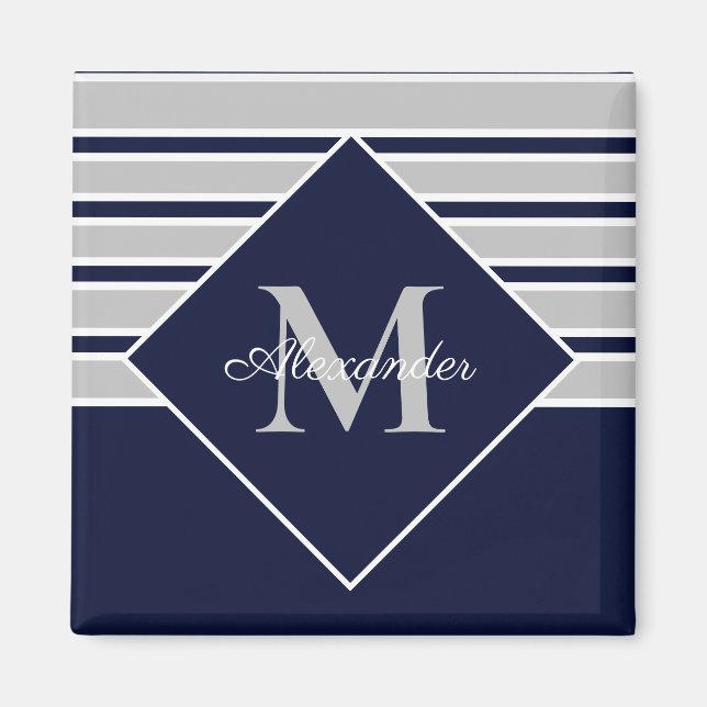 Nautical Modern Navy Grey monogram Magnet (Front)